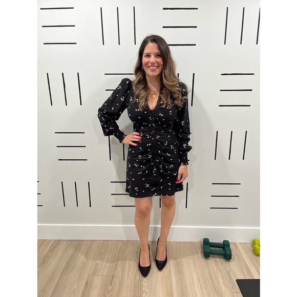 THAKOON COLLECTIVE Black Floral Ruched V-Neck Front Mini Dress Size 6 - Picture 3 of 12